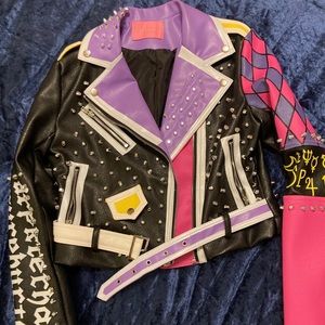 Azalea Wang multicolored Zodiak themed faux leather studded belted moto jacket.